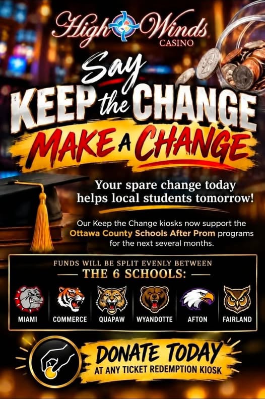 High Winds Casino graphic promoting the “Say Keep the Change, Make a Change” program. Guests can donate the remaining change from slot machine cash-out tickets at redemption kiosks to support After Prom programs at Miami, Commerce, Quapaw, Wyandotte, Afton and Fairland schools.