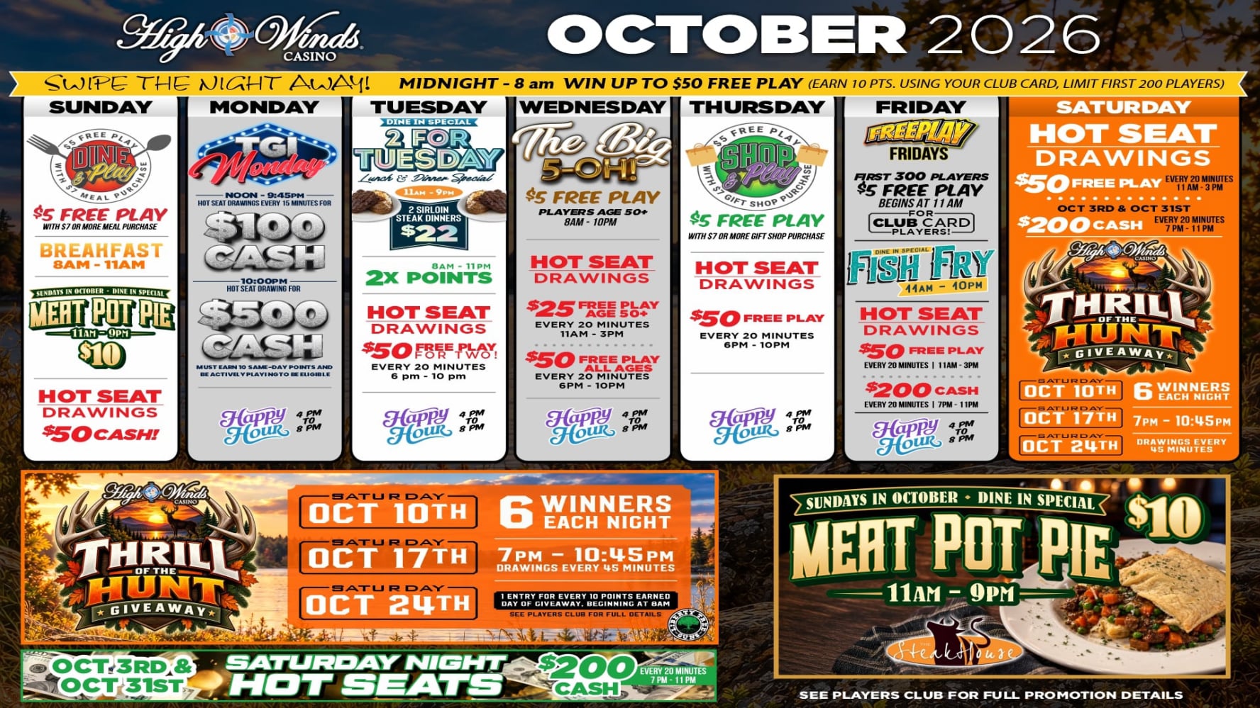 **Alt text:** High Winds Casino October 2026 promotional calendar featuring daily casino promotions and dining specials. Highlights include Monday $100 cash Hot Seat drawings with a $500 cash drawing at 10 PM; Tuesday 2X Points and a 2-for-Tuesday sirloin steak dinner for $22; Wednesday Big 5-Oh! Free Play and Hot Seat drawings; Thursday Shop & Play and $50 Free Play Hot Seats; Friday Free Play, Fish Fry and $200 cash evening Hot Seats; Saturday $200 cash Hot Seats on October 3 and 31; and the Thrill of the Hunt Giveaway on October 10, 17 and 24 with six winners each night. Sunday features $5 Free Play with qualifying meal purchase, a $10 Meat Pot Pie special, and $50 cash Hot Seat drawings.