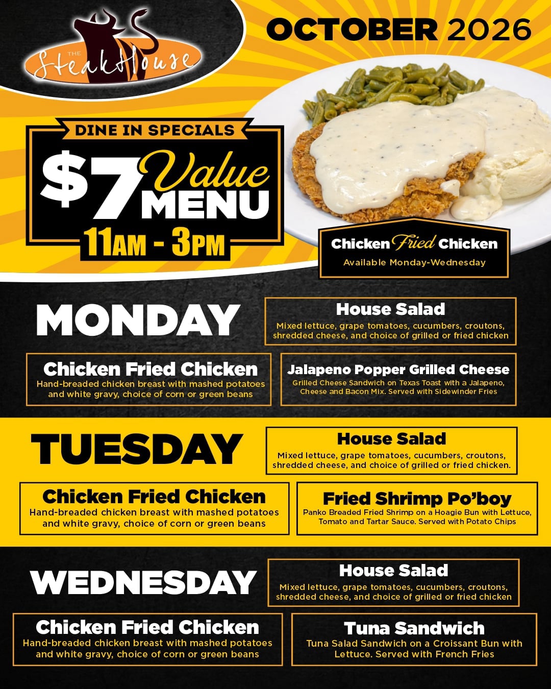 October 2026 Steakhouse $7 Value Menu at High Winds Casino, available for dine-in Monday through Wednesday from 11 AM to 3 PM. Featured Chicken Fried Chicken includes a hand-breaded chicken breast with mashed potatoes, white gravy and a choice of corn or green beans. Monday options also include Jalapeño Popper Grilled Cheese and House Salad with Chicken; Tuesday includes Fried Shrimp Po’boy and House Salad with Chicken; Wednesday includes Tuna Sandwich and House Salad with Chicken.
