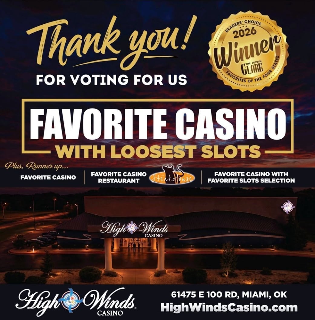 **Alt Text:**  Promotional graphic celebrating High Winds Casino being voted the **2026 Joplin Globe Readers' Choice Favorite Casino with the Loosest Slots**. The design features a gold Readers' Choice Winner badge, the message "Thank you! For Voting for Us," and a nighttime aerial photo of High Winds Casino. The graphic also highlights runner-up honors for **Favorite Casino**, **Favorite Casino Restaurant (Steakhouse)**, and **Favorite Casino with Favorite Slots Selection**. The bottom of the image includes the High Winds Casino logo, the address **61475 E 100 Rd, Miami, OK**, and **HighWindsCasino.com**.