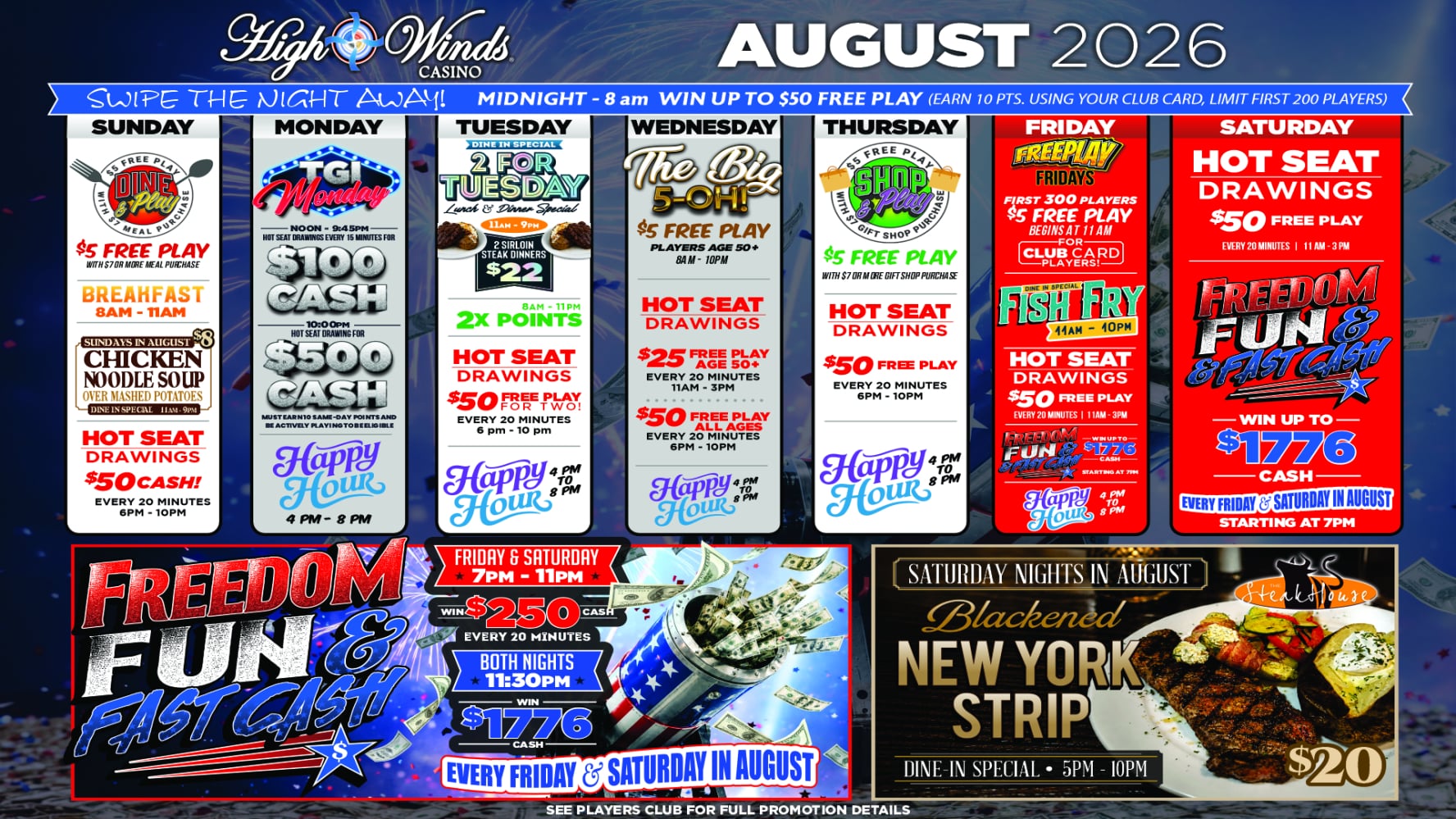 **Alt text:**  High Winds Casino's July 2026 promotions calendar with a fireworks background and daily offers for every day of the week. A blue banner across the top advertises 