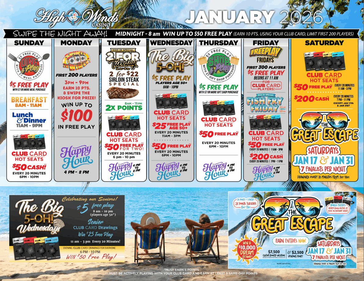 January 2026 promotional calendar for High Winds Casino featuring the “Great Escape” drawing and weekly free play offers. The calendar shows daily casino promotions from Sunday through Saturday, including free play, hot seat prizes, club card giveaways, and dining specials, set against a tropical beach background with lounge chairs, palm trees, and ocean imagery.