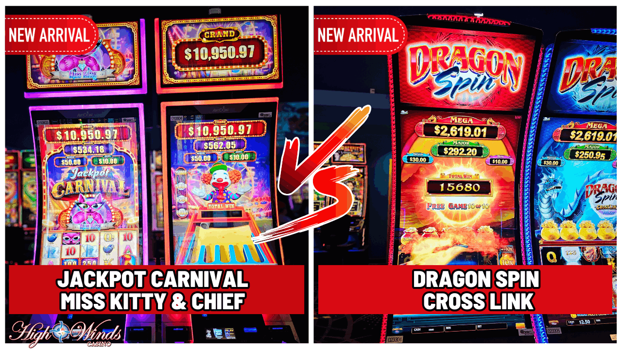 High Winds Casino features two new arrival slot machines: 'Jackpot Carnival Miss Kitty & Chief' and 'Dragon Spin Cross Link.' The image compares the two games, showcasing their vibrant displays, large jackpot amounts, and colorful lighting. The Jackpot Carnival machine features a clown and carnival theme with a $10,950.97 jackpot, while Dragon Spin displays fiery graphics and a Mega jackpot of $2,619.01."