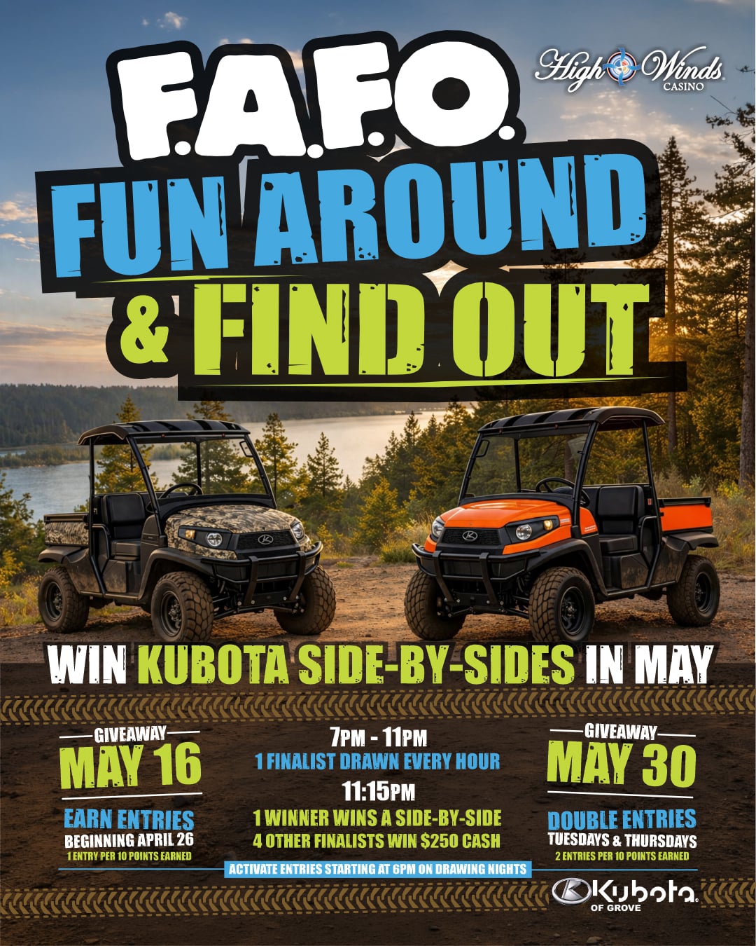 Alt text:  Promotional graphic and website description for High Winds Casino’s “FAFO” May giveaway featuring two Kubota side-by-side vehicles. The text highlights “Fun Around and Find Out” with a humorous, edgy tone, encouraging players to earn entries throughout May. Event dates are Saturday, May 16 and Saturday, May 30, with finalists drawn hourly from 7PM to 11PM and a final drawing at 11:15PM. The copy emphasizes off-road adventure, horsepower, and the excitement of unexpectedly winning a rugged utility vehicle.