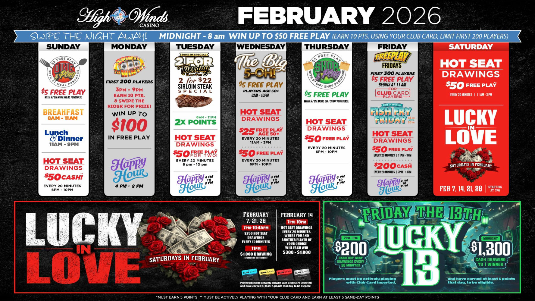 February promotional calendar for High Winds Casino showing daily casino promotions, hot seat drawings, free play offers, and Steakhouse dining specials scheduled throughout the month.