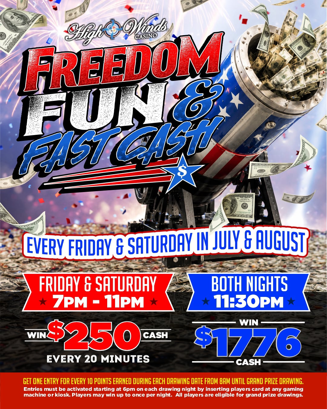 Alt Text:  Promotional graphic for High Winds Casino's Freedom, Fun & Fast Cash summer promotion celebrating 250 years of freedom. The patriotic design features fireworks, stars, floating cash, American flags, and a decorative colonial-style cannon against a red, white, and blue background. Every Friday and Saturday in July and August, guests can win $250 CASH every 20 minutes from 7:00 PM to 11:00 PM, followed by a $1,776 CASH drawing at 11:30 PM. Players earn one entry for every 10 points on each drawing date and must activate entries after 6:00 PM. High Winds Casino logo and official promotion details are displayed throughout the graphic.