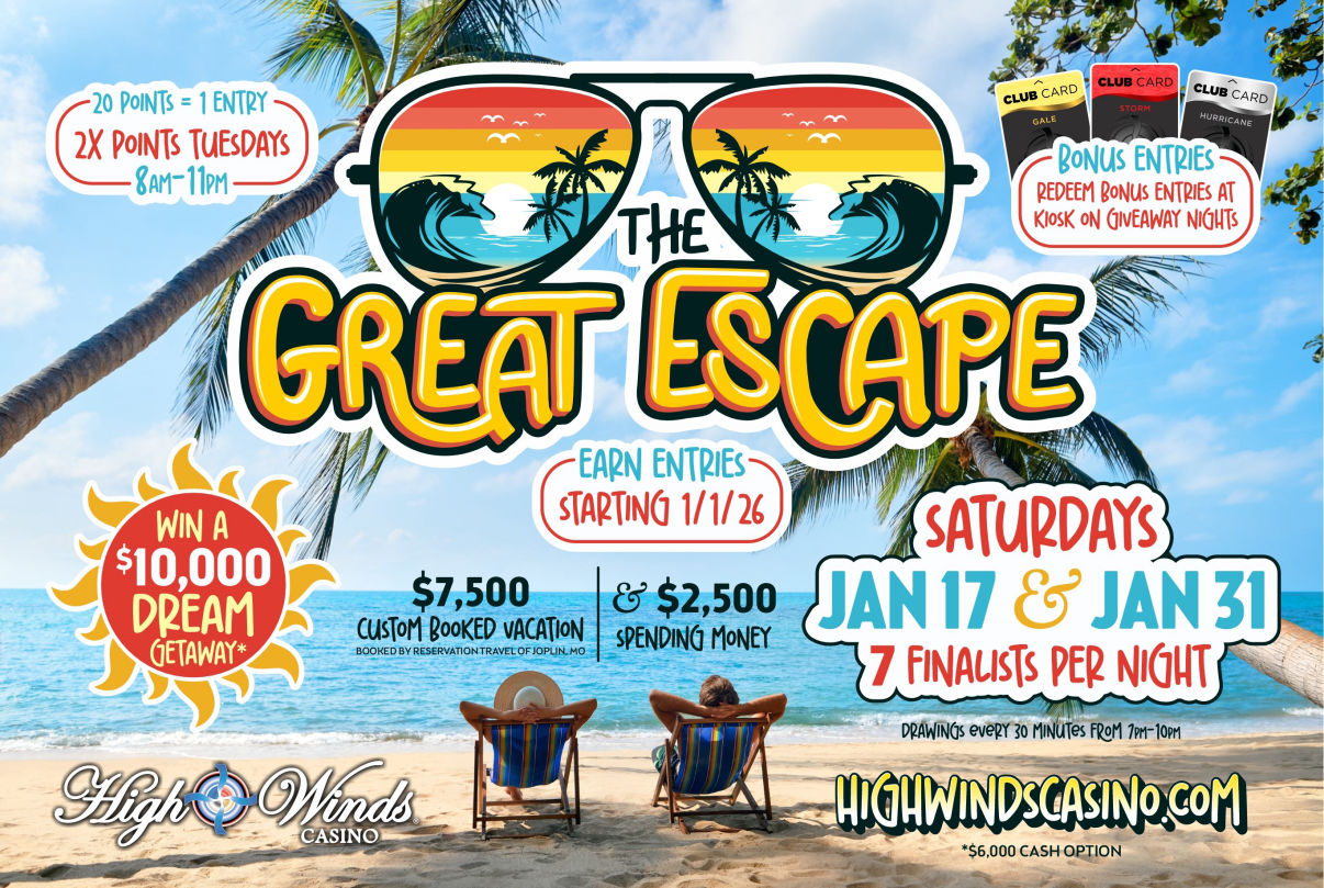 🏝️ The Great Escape starts now. 🧳 Mentally pack your bags… 🤔 But first — the big question:  ✈️ Where are YOU going?  The answer? Anywhere you want.  Because The Great Escape isn’t about choosing a destination — it’s about choosing you.  Maybe you stay close to home. Maybe you go far enough away that no one knows your name or your schedule. Maybe you’ve had a long year and need sunshine, quiet, and a reset button that doesn’t involve an alarm clock.  Are you craving white sand and turquoise water, the kind that makes you forget what day it is? Dreaming of watching the sun rise over the Golden Gate Bridge, coffee in hand, the world moving while you stay still? Did Yellowstone — yes, that Yellowstone — spark something in you, making you want to stand in a place so big it reminds you how small everything else really is? Or maybe it’s the Grand Canyon, red rock, open sky, and miles of quiet that feel like clarity. Or maybe it’s simpler than all that — Disney World, sticky fingers, big smiles, and memories your kids will talk about for years.  There’s no wrong answer. There’s just your escape.  🎟️ Two Grand Prize Winners ✈️ $7,500 custom-booked vacation 💵 $2,500 spending money 💰 OR a $6,000 cash option  📅 Finale Drawings: Saturdays January 17 & January 31 ⏰ Drawings every 30 minutes from 7 PM–10 PM 🏆 7 finalists per night  🎰 How to earn entries: • Start earning 1/1/26 • 20 points = 1 entry • 2X Points Tuesdays from 8 AM–11 PM • Bonus entries redeemable at the kiosk on giveaway nights  If you’re going to play… Get the most out of it.  Where will the WINDS take you? 🌬️✈️