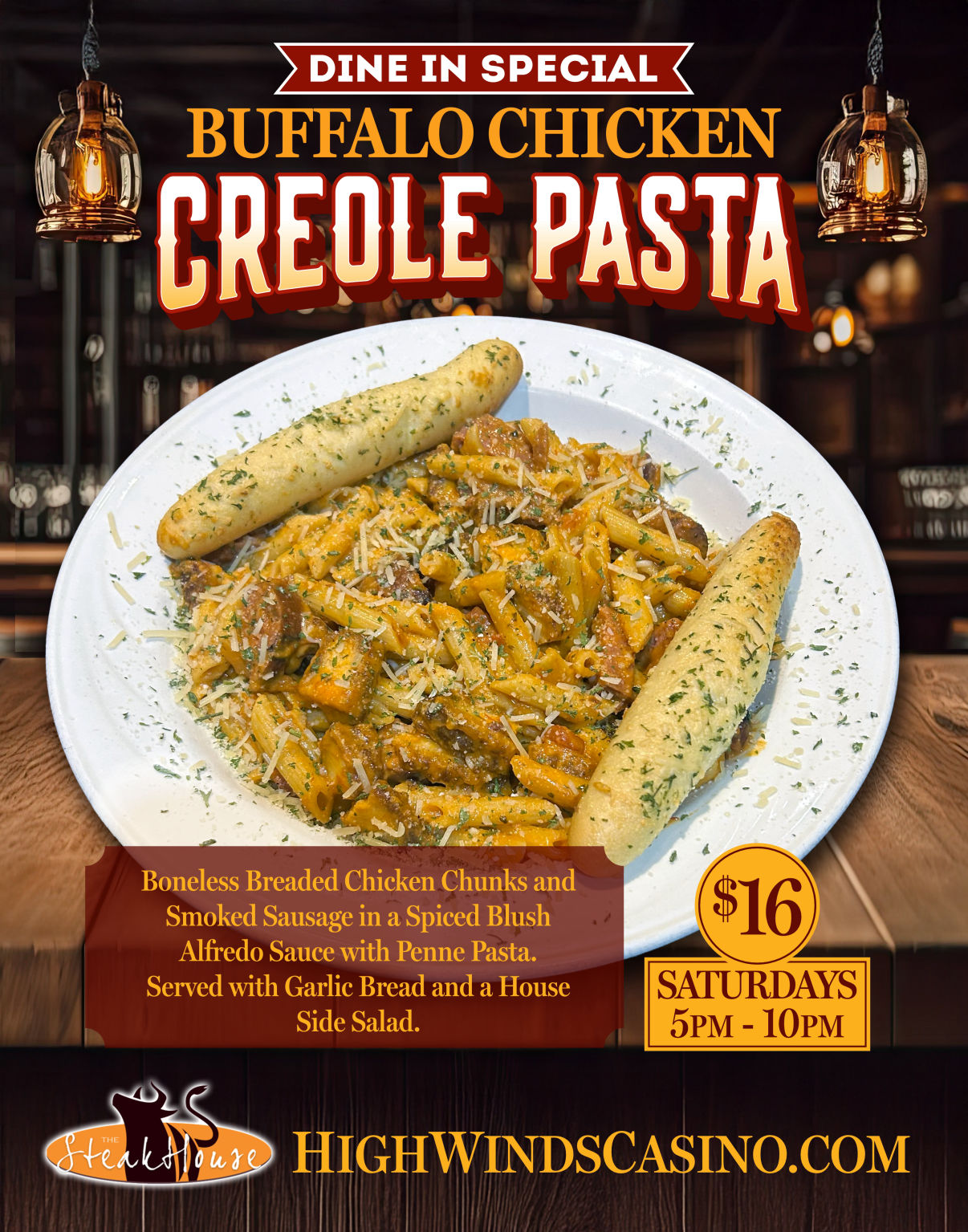 Mouthwatering Prime Rib Dinner promotion at High Winds Casino’s Steakhouse Restaurant & Lounge. The poster features a perfectly seared, slow-roasted 10 oz. herbed prime rib resting on a wooden cutting board, surrounded by rustic lighting and cozy holiday ambiance. Text reads: “Dine-In Special – Prime Rib Dinner | Saturdays 5 PM – 10 PM” Meal includes prime rib served with au jus, baked potato, side salad, and choice of corn or green beans for $20. The Steakhouse logo and HighWindsCasino.com are displayed along the bottom. The design blends a classic steakhouse feel with warm holiday charm — the kind of meal worth slowing down the reels for. 🥩✨