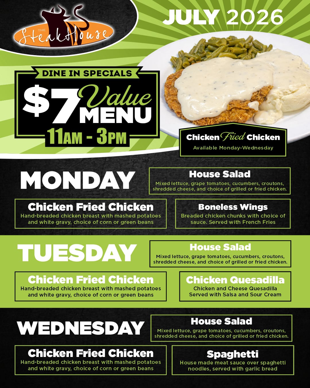 Alt text:  Graphic promoting The Steakhouse's $7 Value Menu available Monday through Wednesday from 11:00 a.m. to 3:00 p.m. The menu features House Salad on all three days, Chicken Fried Chicken on Monday, Chicken Quesadilla on Tuesday, and Spaghetti or Boneless Wings on Wednesday. The background has a patriotic red, white, and blue theme with stars and fireworks, alongside photos of each meal. High Winds Casino branding appears at the bottom with the July "Freedom, Fun & Fast Cash" promotion branding.