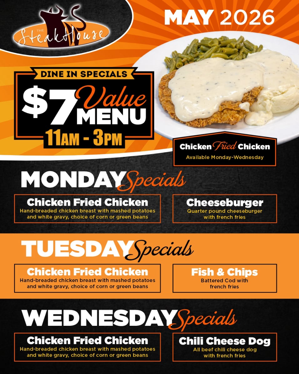 Alt text: Promotional graphic for The Steakhouse May 2026 dine-in specials at High Winds Casino. Features a plated chicken fried chicken meal topped with white gravy, served with mashed potatoes and green beans. Highlights a $7 Value Menu available from 11AM–3PM, with Chicken Fried Chicken offered Monday through Wednesday. Monday specials include Chicken Fried Chicken or a cheeseburger with fries. Tuesday specials include Chicken Fried Chicken or fish and chips. Wednesday specials include Chicken Fried Chicken or a chili cheese dog with fries. Bold orange and black design with clear daily menu options.