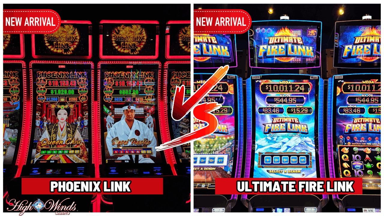 High Winds Casino features two new arrival slot machines: 'Phoenix Link' and 'Ultimate Fire Link.' The image compares the two games, showcasing their vibrant displays and large jackpots. 'Phoenix Link' features a jackpot of $10,153.43 and includes characters like Queen Chiu and Sensei Master. 'Ultimate Fire Link' displays a $10,011.74 jackpot and features colorful, neon-lit gameplay with various bonus options.