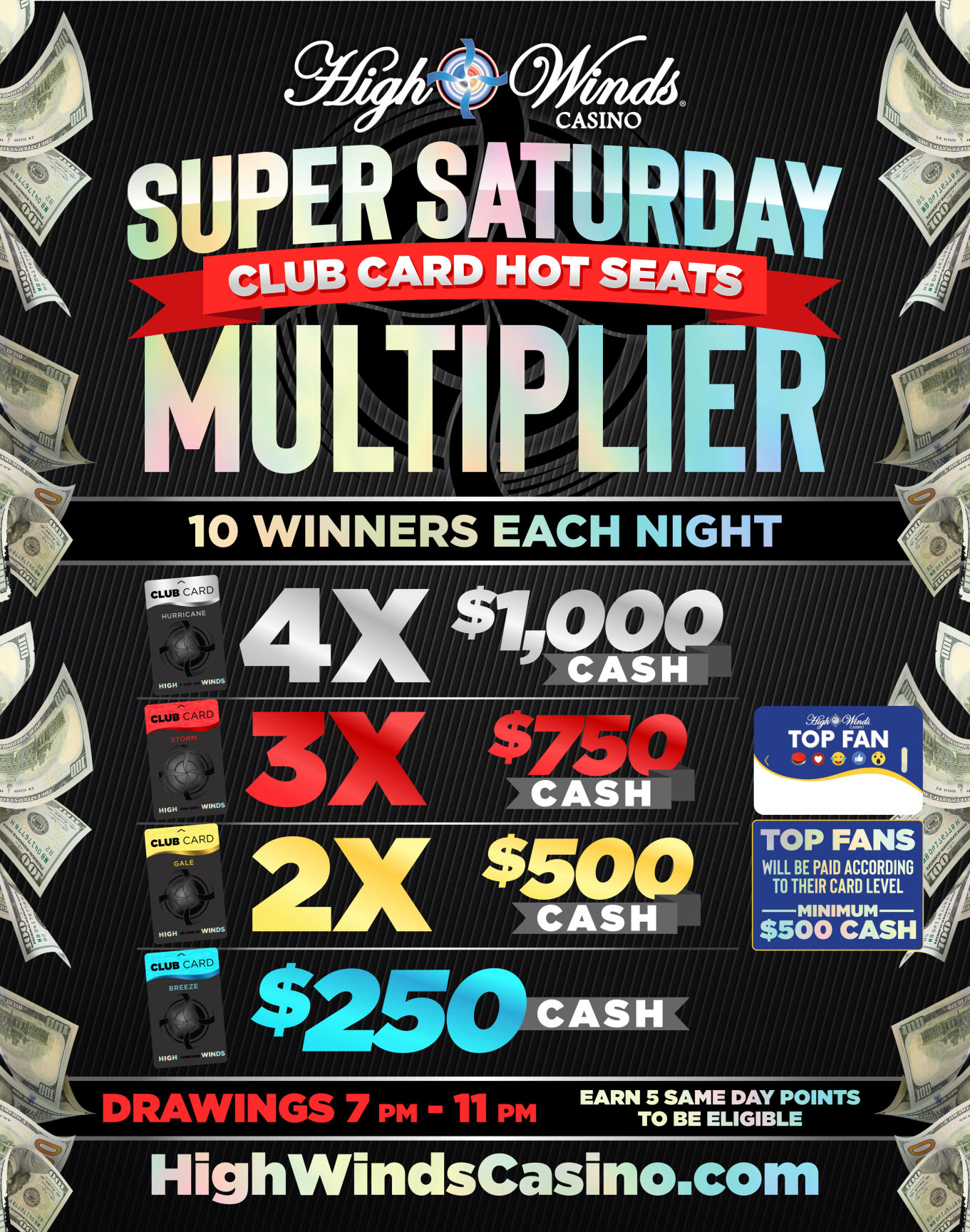 High Winds Casino Super Saturday Club Card Hot Seats Multiplier promotion. The event offers 10 winners each night with cash prizes based on club card tiers: Hurricane (4X - $1,000), Storm (3X - $750), Gale (2X - $500), and Breeze ($250). Drawings take place from 7 PM to 11 PM, and players must earn 5 same-day points to be eligible. Top Fans receive a minimum of $500 cash based on their card level. The flyer features bold, colorful text, images of club cards, and floating dollar bills.