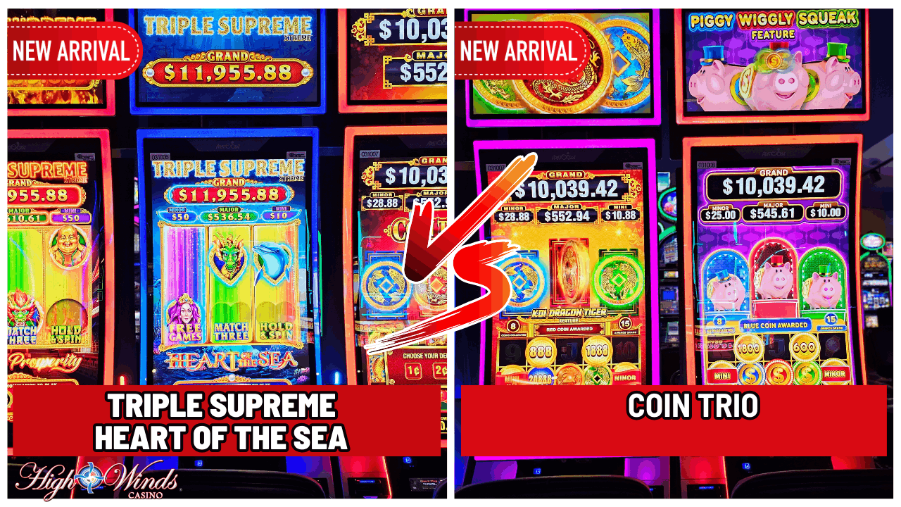 High Winds Casino showcases two new arrival slot machines: 'Triple Supreme Heart of the Sea' and 'Coin Trio.' The image highlights the vibrant, neon-lit slot machines with large jackpots displayed. Triple Supreme features a $11,955.88 grand prize, while Coin Trio displays a $10,039.42 grand prize. Both machines include unique features like free games, hold and spin, and coin-award bonuses.