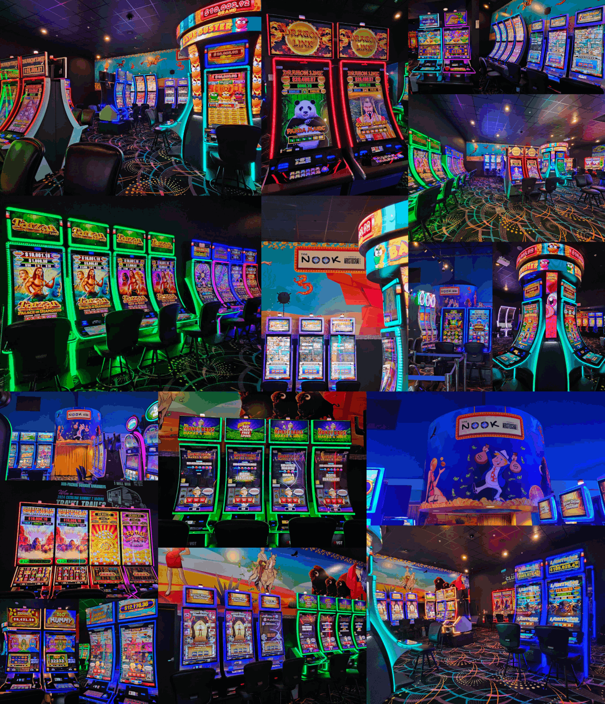 A collage of vibrant, neon-lit slot machines at High Winds Casino. The image features various rows of machines including games like 'Dragon Link,' 'Phoenix Link,' 'Journey to the Planet Moolah,' and more. The colorful machines are displayed against the backdrop of 'The Nook,' a section of the casino decorated with bright, playful artwork. The casino floor is bustling with illuminated machines and a dynamic atmosphere.